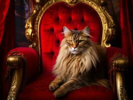 royal chat posé sur une luxueux chaise ai génératif photo