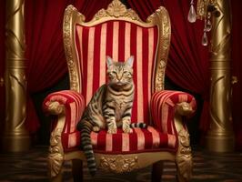 royal chat posé sur une luxueux chaise ai génératif photo