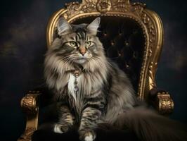 royal chat posé sur une luxueux chaise ai génératif photo