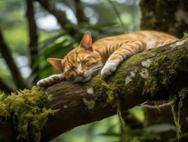 serein chat repos sur une arbre branche entouré par luxuriant feuillage ai génératif photo