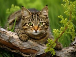 serein chat repos sur une arbre branche entouré par luxuriant feuillage ai génératif photo