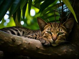 serein chat repos sur une arbre branche entouré par luxuriant feuillage ai génératif photo