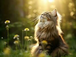 chat avec une serein et méditatif Regardez encadré par une tranquille jardin toile de fond ai génératif photo