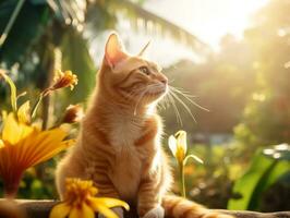 chat avec une serein et méditatif Regardez encadré par une tranquille jardin toile de fond ai génératif photo