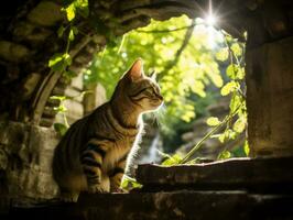 chat avec une serein et méditatif Regardez encadré par une tranquille jardin toile de fond ai génératif photo