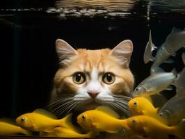 curieux chat peering dans un ouvert poisson réservoir avec fascination ai génératif photo