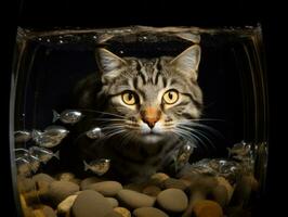 curieux chat peering dans un ouvert poisson réservoir avec fascination ai génératif photo