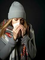 femme est montré Souffrance de du froid avec qui coule nez sur gris Contexte ai génératif photo