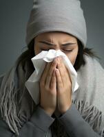 femme est montré Souffrance de du froid avec qui coule nez sur gris Contexte ai génératif photo