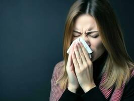 femme est montré Souffrance de du froid avec qui coule nez sur gris Contexte ai génératif photo