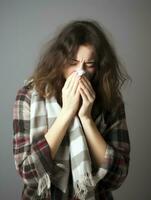 femme est montré Souffrance de du froid avec qui coule nez sur gris Contexte ai génératif photo