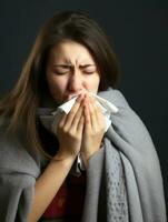 femme est montré Souffrance de du froid avec qui coule nez sur gris Contexte ai génératif photo