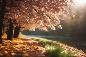 l'automne forêt route feuilles tomber dans sol paysage sur automnal Contexte. coloré feuillage dans le parc. chute feuilles. l'automne des arbres dans le brouillard numérique 3d illustration. généré par ai photo