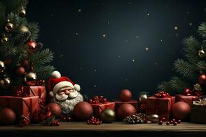 ai génératif Noël bannière avec copie espace pour texte, Père Noël claus célébrer avec coffrets cadeaux, sapin arbre branches et rouge ornements, foncé Couleur Contexte photo
