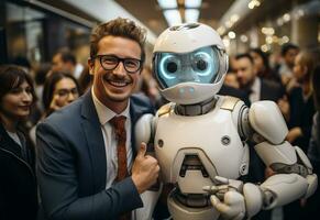 ai génératif homme dans une costume et attacher est prise une selfie avec une robot photo