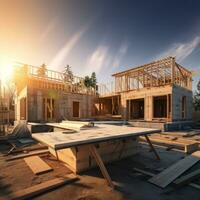 concept de une bâtiment maison. planches, les structures dans la nature. bleu ciel. en bois maison construction. éco maison. - ai généré photo