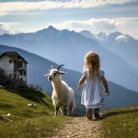 fille et chèvre dans dolomites - ai généré photo