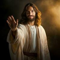 Jésus extension main dans obscurité - ai généré photo