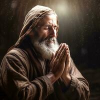 personnes âgées homme prier au milieu de lumière - ai généré photo