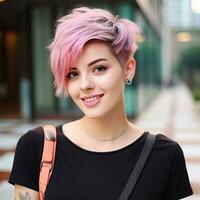 sur de soi Jeune femme avec branché la Coupe de cheveux - ai généré photo