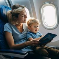 Jeune garçon sur avion - ai généré photo