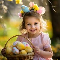 adorable fille avec Pâques des œufs - ai généré photo