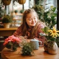 joyeux fille avec vers le bas syndrome - ai généré photo