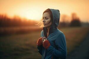 femme dans sport uniforme à Matin courir. produire ai photo