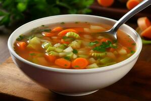 Frais fait maison légume soupe plat bol. produire ai photo