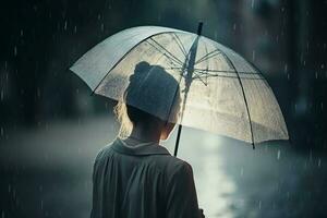 en marchant Dame avec parapluie dans pluvieux romantique temps. produire ai photo