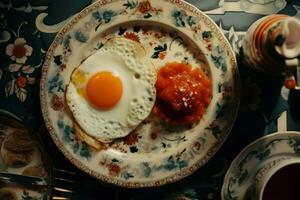 chaud petit déjeuner assiette aliments. produire ai photo