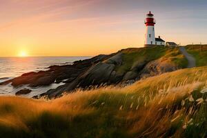 phare à le coucher du soleil sur le île ai généré photo