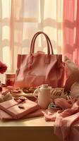 magnifique femme sac et produits de beauté sur table près fenêtre ai généré photo