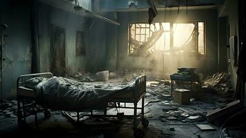 spectaculaire image lit dans un abandonné hôpital ai généré photo