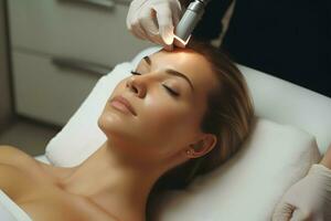 une femme profiter une relaxant faciale massage à une professionnel beauté salon. ai généré photo
