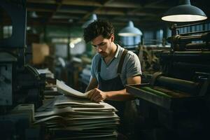 une homme dans impression presse travail avec piles de papiers. ai généré photo