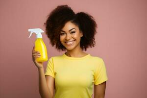 une femme en portant une nettoyeur vaporisateur bouteille. ai généré photo