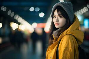 un asiatique fille dans une vibrant Jaune manteau et une élégant gris chapeau. ai généré photo