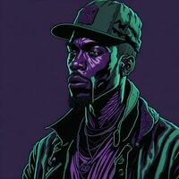 noir rappeur illustration avec bichromie style, violet et vert couleur, ai génératif photo