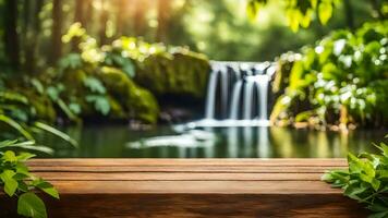 un vide rustique bois produit afficher table dans le milieu de une forêt avec magnifique cascade vue premade photo maquette Contexte ai génératif