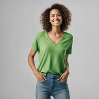 Jeune adulte femme permanent dans studio, souriant avec frisé cheveux ai génératif. photo