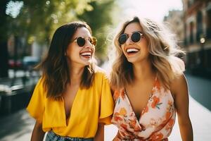 deux Latin Amérique les filles dans brillant vêtements et des lunettes de soleil sont en marchant vers le bas le rue dans ensoleillé temps. ai génératif photo