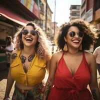 deux hispanique les filles avec frisé cheveux, dans brillant vêtements et des lunettes de soleil sont en marchant vers le bas le rue dans ensoleillé temps. ai génératif photo