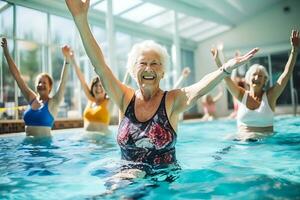 personnes âgées content femmes faire aqua aérobie dans le intérieur bassin. femmes Regardez à le instructeur et répéter le des exercices. ai génératif photo