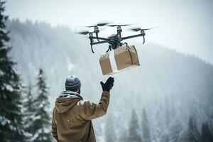 ai génératif. livraison par drone ou Envoi en cours cargaison par une hiver forêt dans chute de neige photo