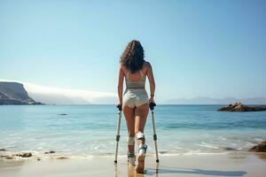 une Jeune désactivée femme avec prothétique jambes dans une court gris survêtement pose contre le toile de fond de le mer dans ensoleillé temps. femme posant avec sa retour à le caméra. ai génératif photo