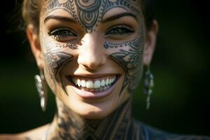 ai génératif. en bonne santé les dents et magnifique large sourire de une Jeune femme avec tatouages sur sa visage et corps photo