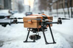 ai génératif. une drone livre un commande ou cadeau dans une papier carton boîte en volant par le neigeux ville des rues photo