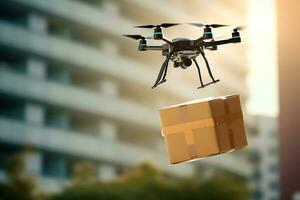 ai génératif. une drone mouches le long de une ville rue et livre un commande dans une papier carton boîte photo