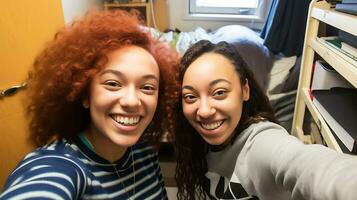 deux étudiant les filles prendre une selfie dans une étudiant dortoir chambre. les filles souriant et à la recherche à le caméra. ai génératif photo